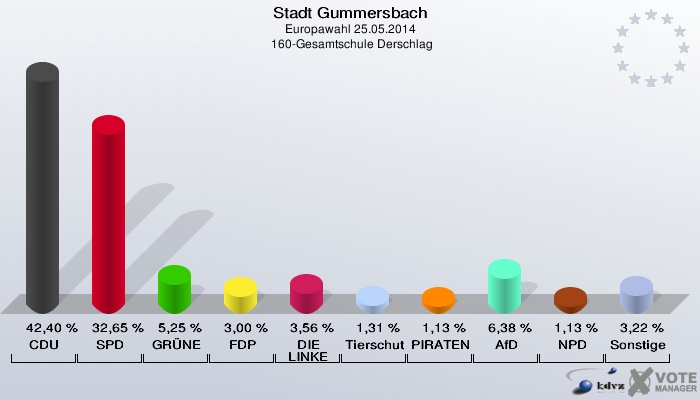 Stadt Gummersbach, Europawahl 25.05.2014,  160-Gesamtschule Derschlag: CDU: 42,40 %. SPD: 32,65 %. GRÜNE: 5,25 %. FDP: 3,00 %. DIE LINKE: 3,56 %. Tierschutzpartei: 1,31 %. PIRATEN: 1,13 %. AfD: 6,38 %. NPD: 1,13 %. Sonstige: 3,22 %. 
