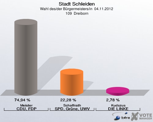 Stadt Schleiden, Wahl des/der Bürgermeisters/in  04.11.2012,  109  Dreiborn: Meister CDU, FDP: 74,94 %. Schaffrath SPD, Grüne, UWV: 22,28 %. Kudszus DIE LINKE: 2,78 %. 